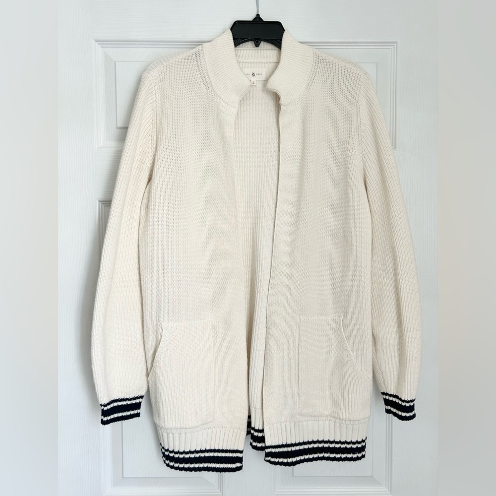 Women’s Lou & Grey Cream Knit Ribbed Cardigan With Pockets and Navy Stripes L